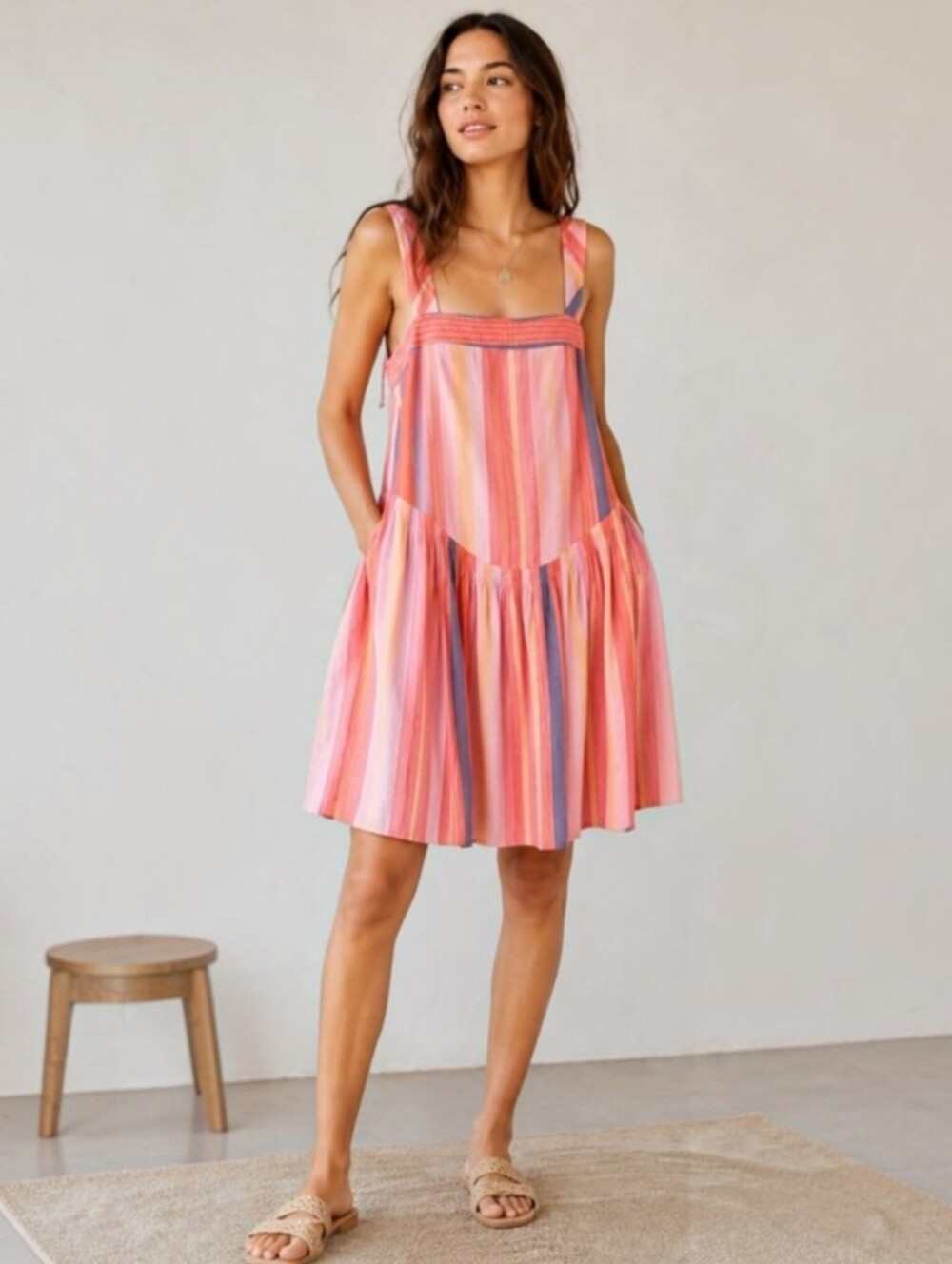 Free People Primavera Stiriped Drop Waist Midi Sundress Pink Small